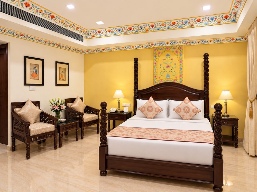 Deluxe Room with heritage-style decor and four-poster bed at Fort Chandragupt Hotel Jaipur