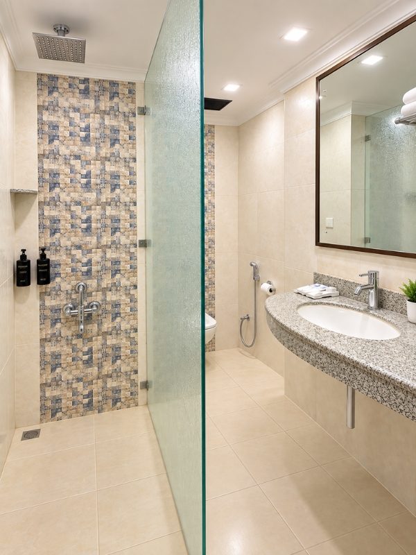 Deluxe Room washroom with glass-enclosed shower at Fort Chandragupt Hotel Jaipur