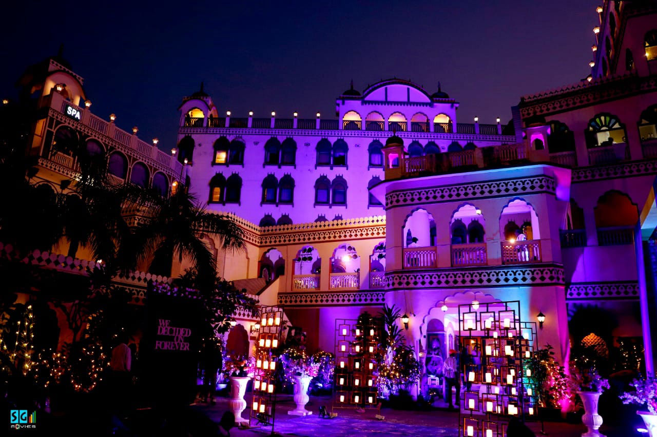 Fort Chandragupt Hotel exterior decorated with event lighting for a wedding, Jaipur