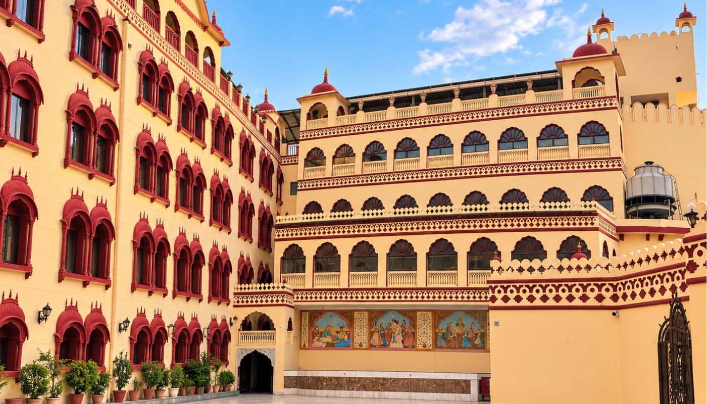 Fort Chandragupt Hotel exterior heritage facade in daylight, Jaipur