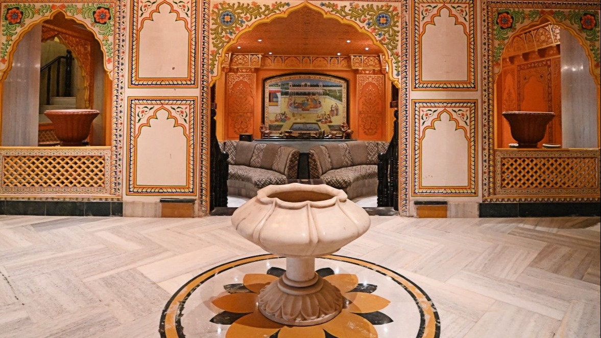 Traditional lounge and lobby seating area at Fort Chandragupt Hotel Jaipur