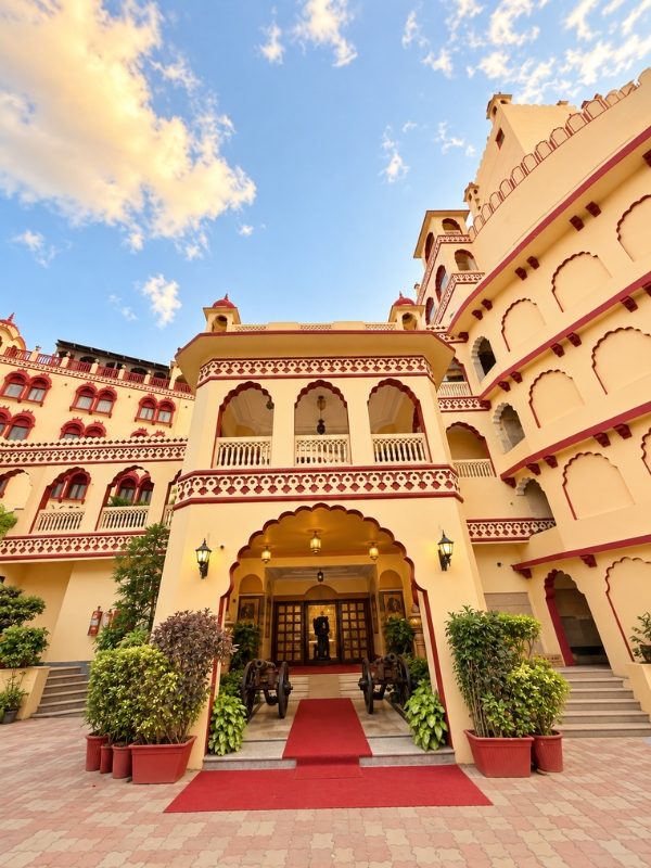 Wide view of the main entrance at Fort Chandragupt Hotel Jaipur