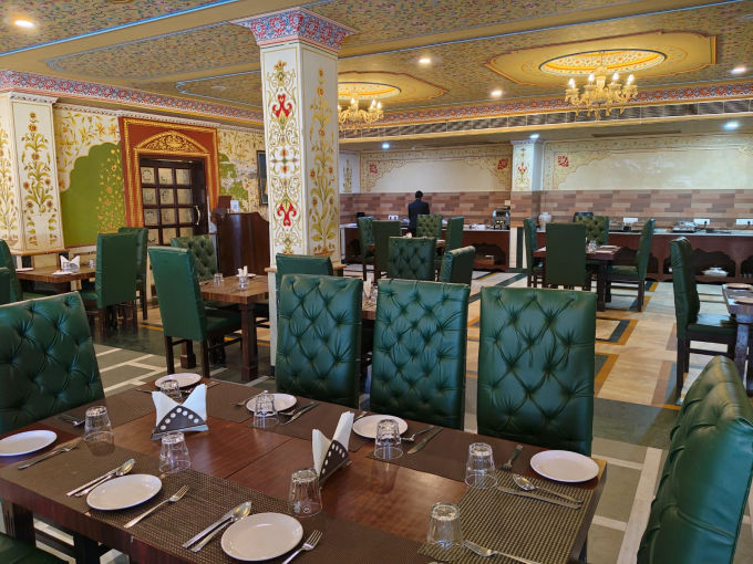Fine dining restaurant hall interior at Fort Chandragupt Hotel Jaipur