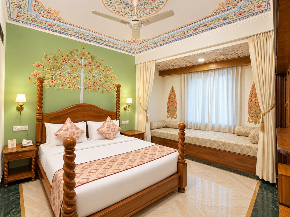 Suite Room bedroom with hand-painted green wall mural at Fort Chandragupt Hotel Jaipur