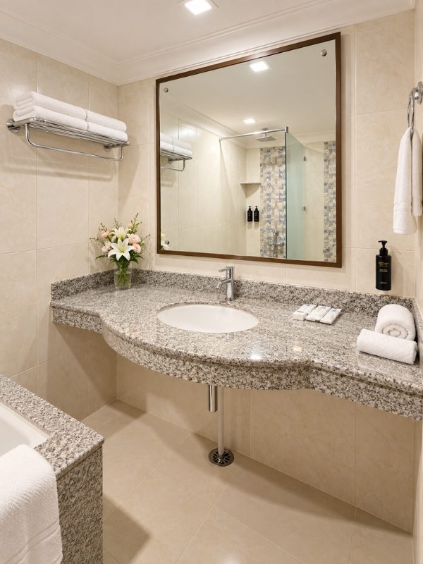 Suite Room washroom with granite vanity counter at Fort Chandragupt Hotel Jaipur