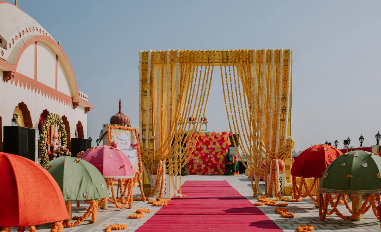 Wedding mandap floral decoration setup at Fort Chandragupt Hotel Jaipur